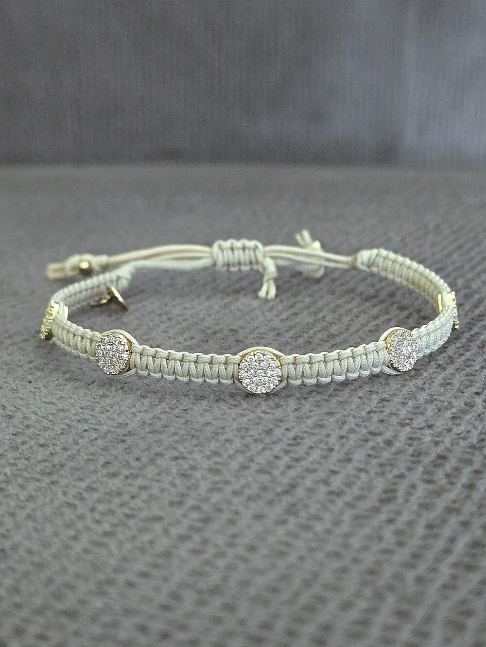 TAI Braided🪢 Taupe Colored Adjustable Silk Bracelet with Pave Crystal💎 Discs📀
